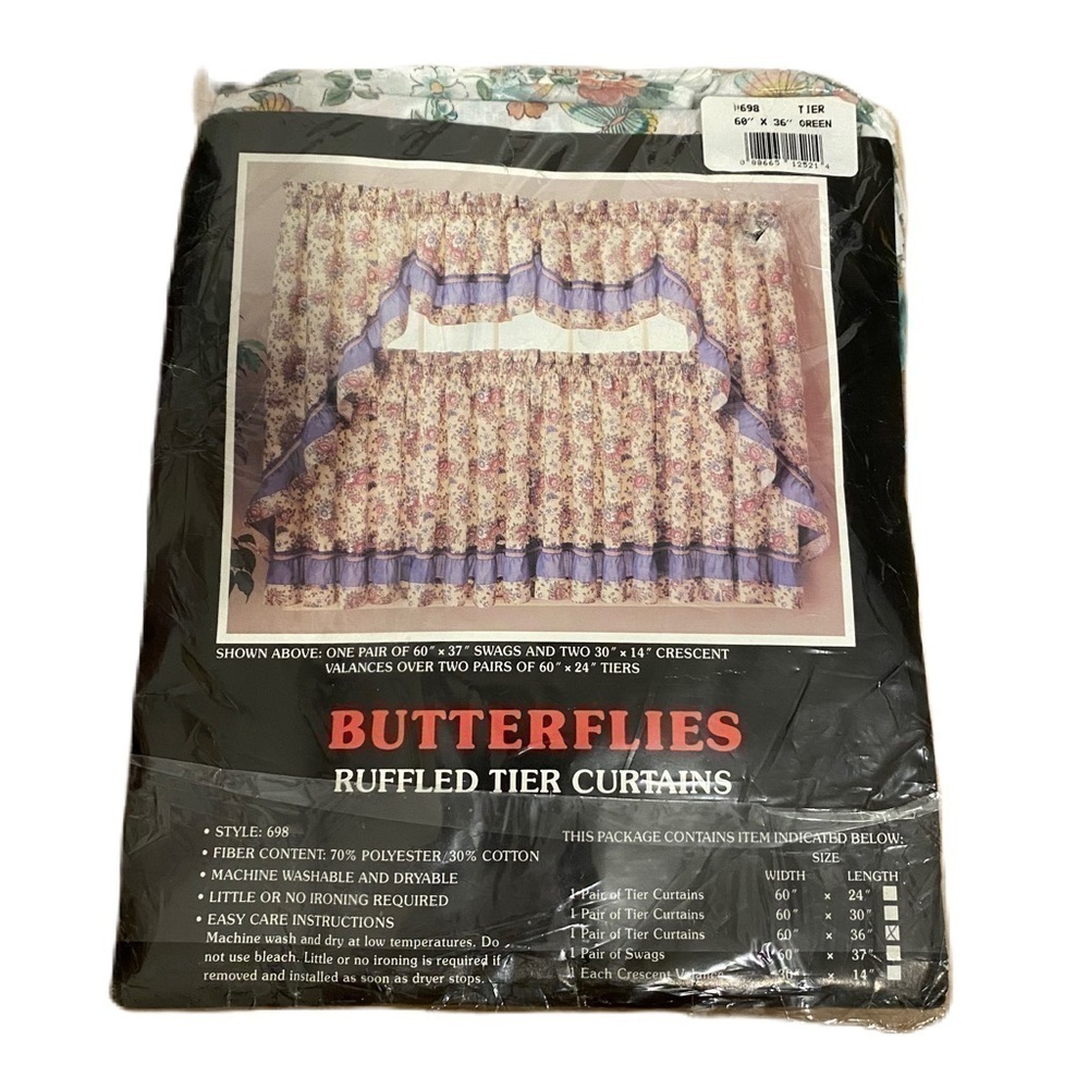 Vintage Butterflies Ruffled Tier Curtains 60x36” Teal Blue Floral Pink